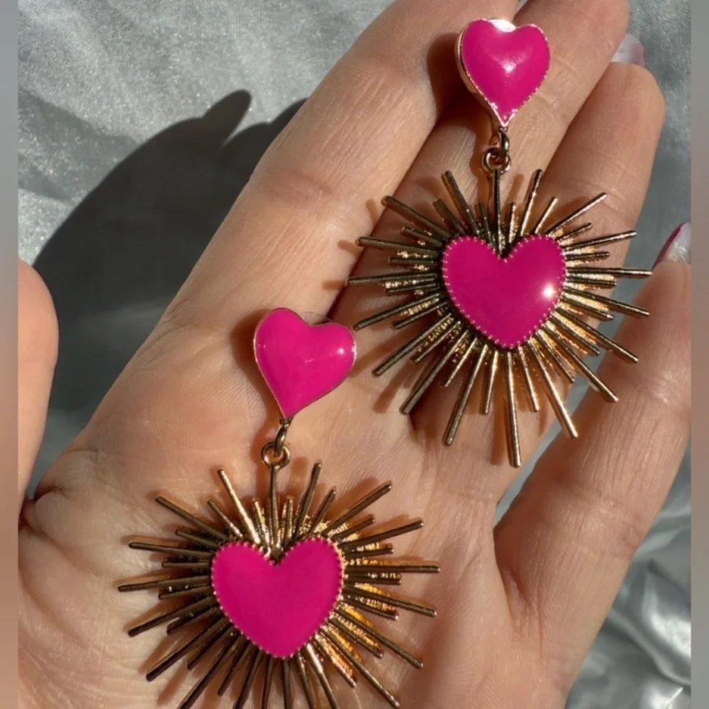 Pink Heart Burst Statement Earrings | Gold Sunray Dangle | Bold Retro Jewelry - Picture 2 of 6